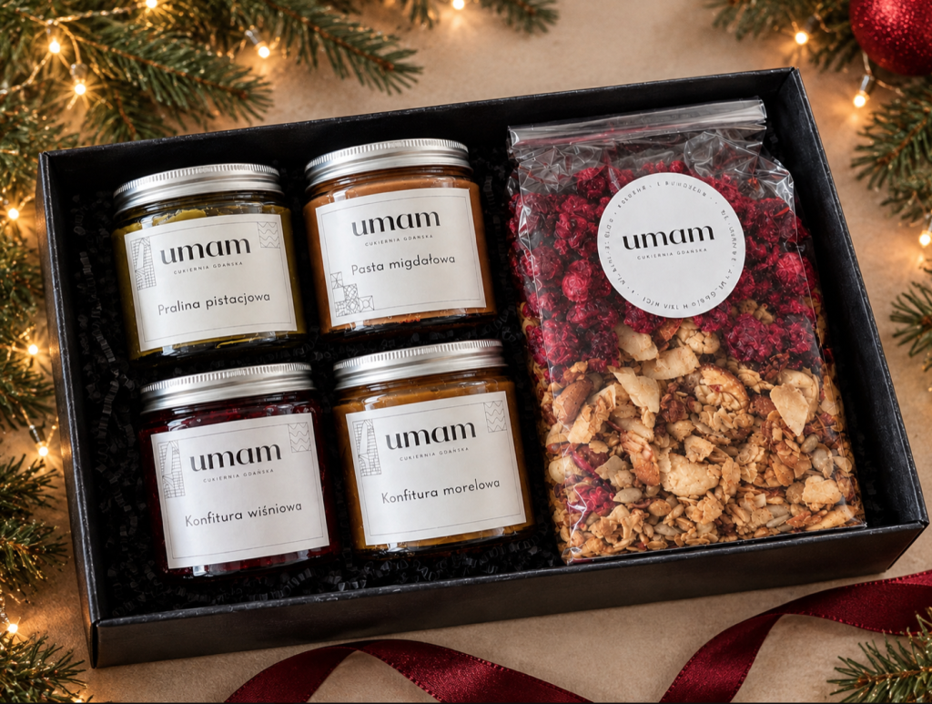 Zestaw prezentowy Poranek Pełen Smaku UMAM – granola z wiśniami, pralina pistacjowa, pasta migdałowa, konfitura wiśniowa, konfitura morelowa