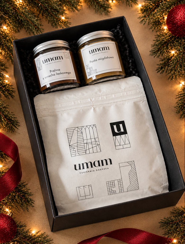 zestaw-07-kawowa-przerwa Zestaw prezentowy Kawowa Przerwa UMAM – kawa ziarnista crema aroma, pasta migdałowa aksamitna, pralina z orzechów laskowych